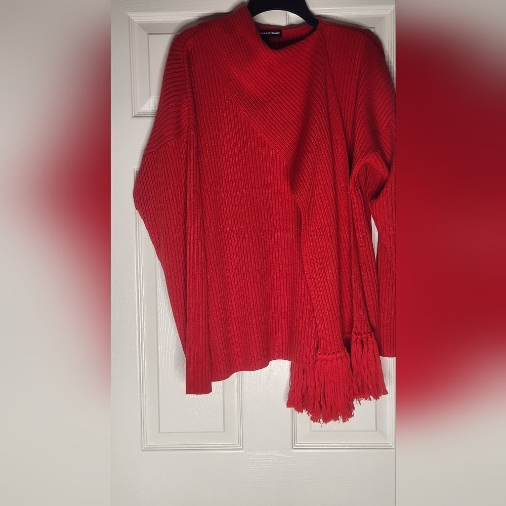 Vtg Company Ellen Tracy L Red 100% WOOL Lngslv Ribbed Knit Scarf Women Sweater